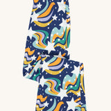 The Frugi Magic Skies Organic Cotton Cosy Flared Leggings shown folded. These warm cotton leggings are lined with a Brushback Fleece surface inside. These leggings are part of a wide range of organic cotton clothing for children available here at Babipur.