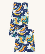 The Frugi Magic Skies Organic Cotton Cosy Flared Leggings shown folded. These warm cotton leggings are lined with a Brushback Fleece surface inside. These leggings are part of a wide range of organic cotton clothing for children available here at Babipur.