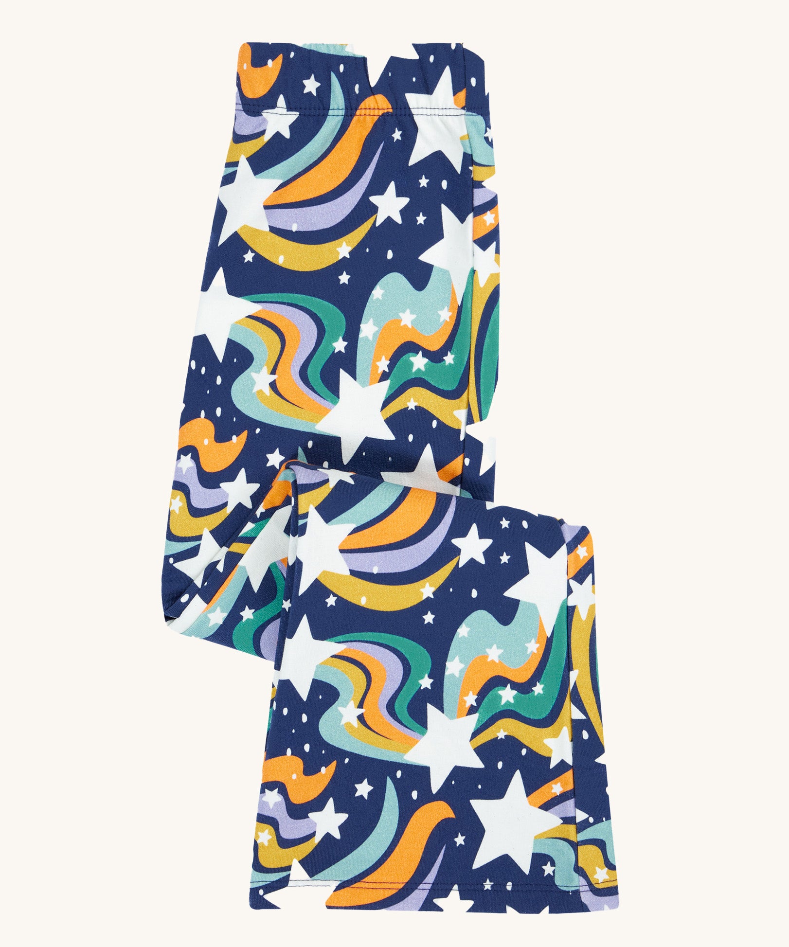 The Frugi Magic Skies Organic Cotton Cosy Flared Leggings shown folded. These warm cotton leggings are lined with a Brushback Fleece surface inside. These leggings are part of a wide range of organic cotton clothing for children available here at Babipur.