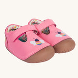 Frugi pink cove first walker t-bar style leather baby shoes with a bee and tulip design. The shoes have a floral patterned lining.