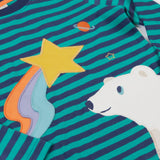 A close up of the star and polar bear applique details on the front of the Frugi Polar Bear Discovery Circular Organic Cotton long sleeved kids Top.  This top is a part of a wide range of organic cotton clothing for children available here at Babipur.