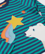A close up of the star and polar bear applique details on the front of the Frugi Polar Bear Discovery Circular Organic Cotton long sleeved kids Top.  This top is a part of a wide range of organic cotton clothing for children available here at Babipur.