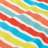 A close up of Frugi Dune Romper in Sea Rainbow Stripe print.