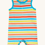 Frugi Dune Romper in Sea Rainbow Stripe print laid flat, featuring popper fastenings.