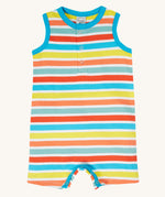 Frugi Dune Romper in Sea Rainbow Stripe print laid flat, featuring popper fastenings.