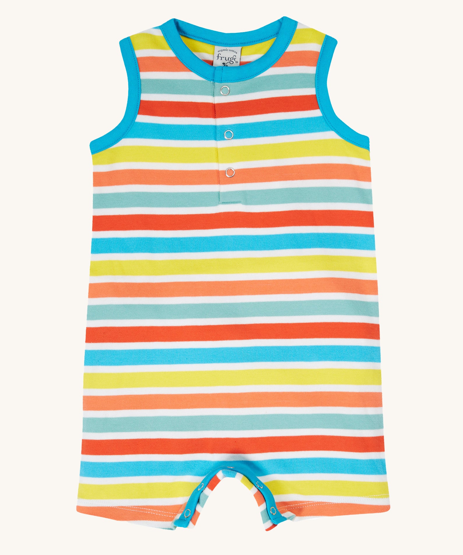 Frugi Dune Romper in Sea Rainbow Stripe print laid flat, featuring popper fastenings.