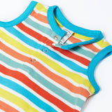 A close up of Frugi Dune Romper in Sea Rainbow Stripe prin, featuring popper fastenings.