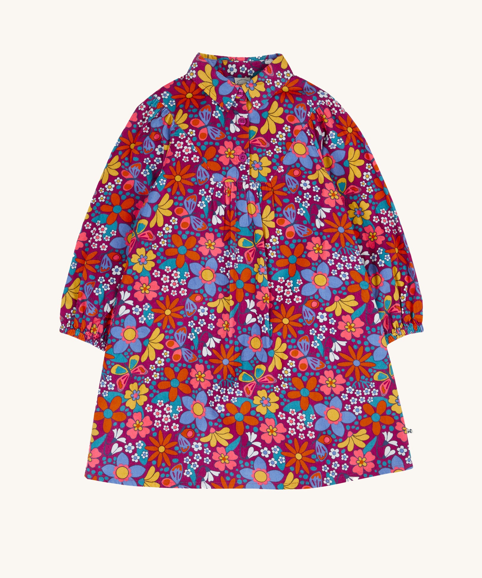 Frugi Elsie Organic Printed Cord Dress with a Retro Floral print design. This cord dress is a part of a wide range of organic cotton clothing for children available here at Babipur.