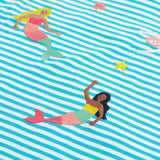 A close up of Frugi Ennis Embroidered T-Shirt in Moss Stripe featuring embroidered  swimming Mermaids.