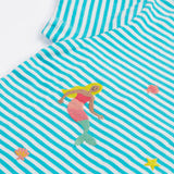 A close up of Frugi Ennis Embroidered T-Shirt in Moss Stripe's sleeve, featuring swimming Mermaids in the centre.