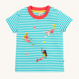 Frugi Ennis Embroidered T-Shirt in Moss Stripe laid flat, featuring swimming Mermaids and a pink collar.