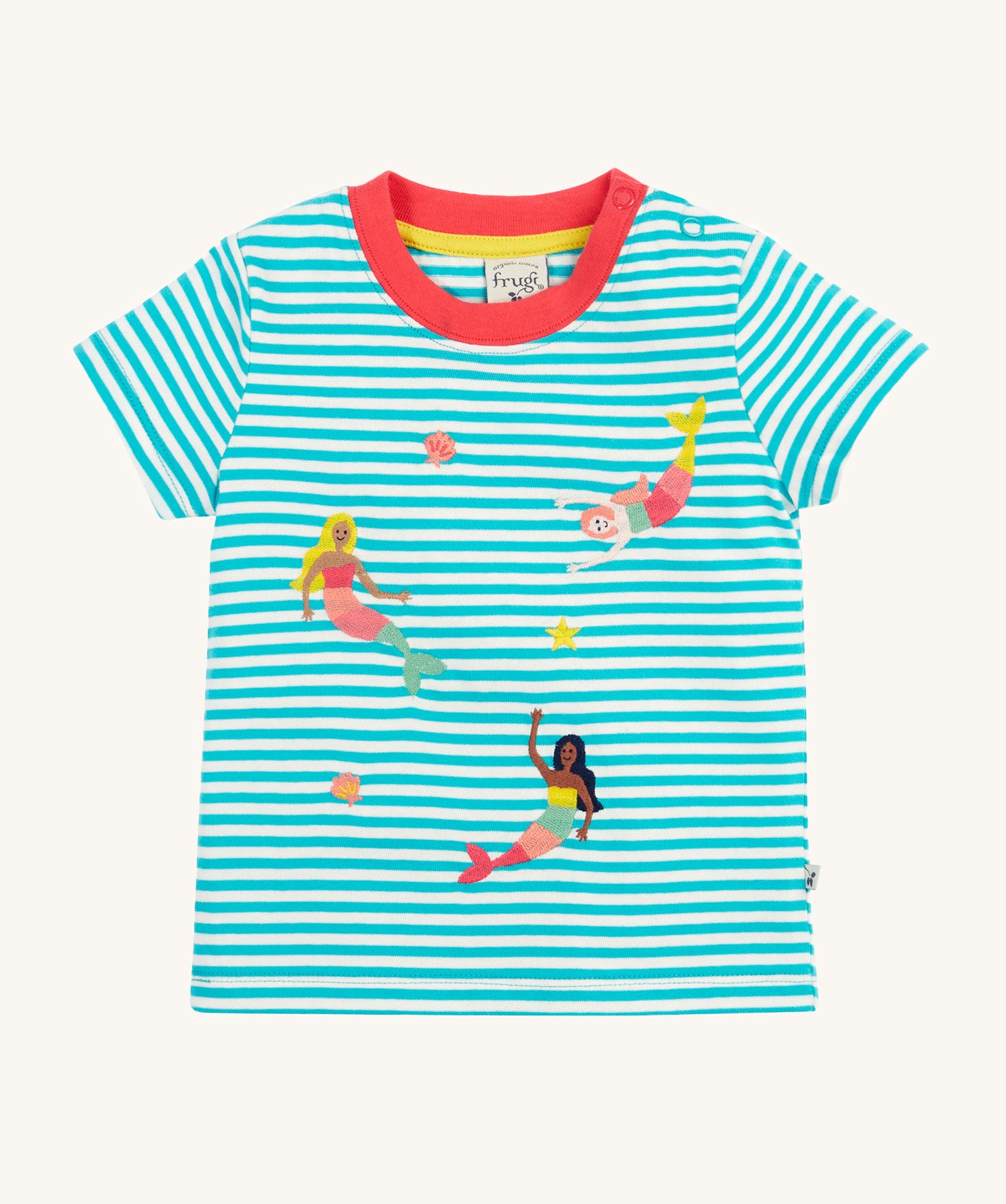 Frugi Ennis Embroidered T-Shirt in Moss Stripe laid flat, featuring swimming Mermaids and a pink collar.