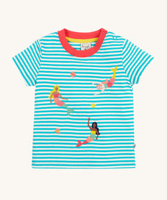 Frugi Ennis Embroidered T-Shirt in Moss Stripe laid flat, featuring swimming Mermaids and a pink collar.