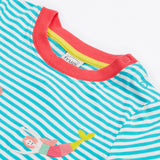 A close up of Frugi Ennis Embroidered T-Shirt in Moss Stripe, featuring swimming Mermaids and a pink collar, with popper fastenings.