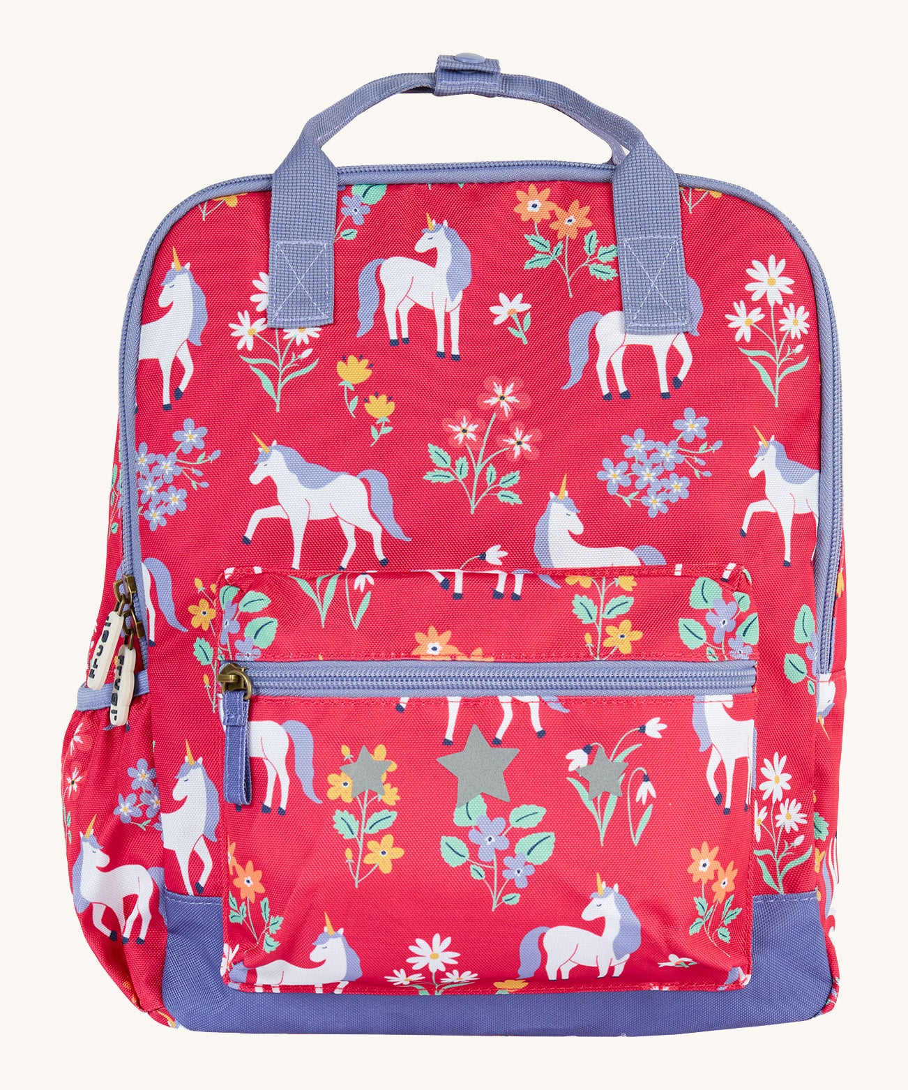 Frugi explorers backpack in rose horse floral. A pink backpack with lilac trim and a white unicorn print. Features a main compartment a smaller compartment on the front and a bottle holder