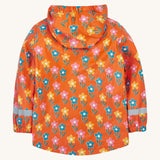 The back of the Frugi kids fun flowers puddle buster coat showing the multicoloured playful flower prints and reflective strip detail on waterproof material.