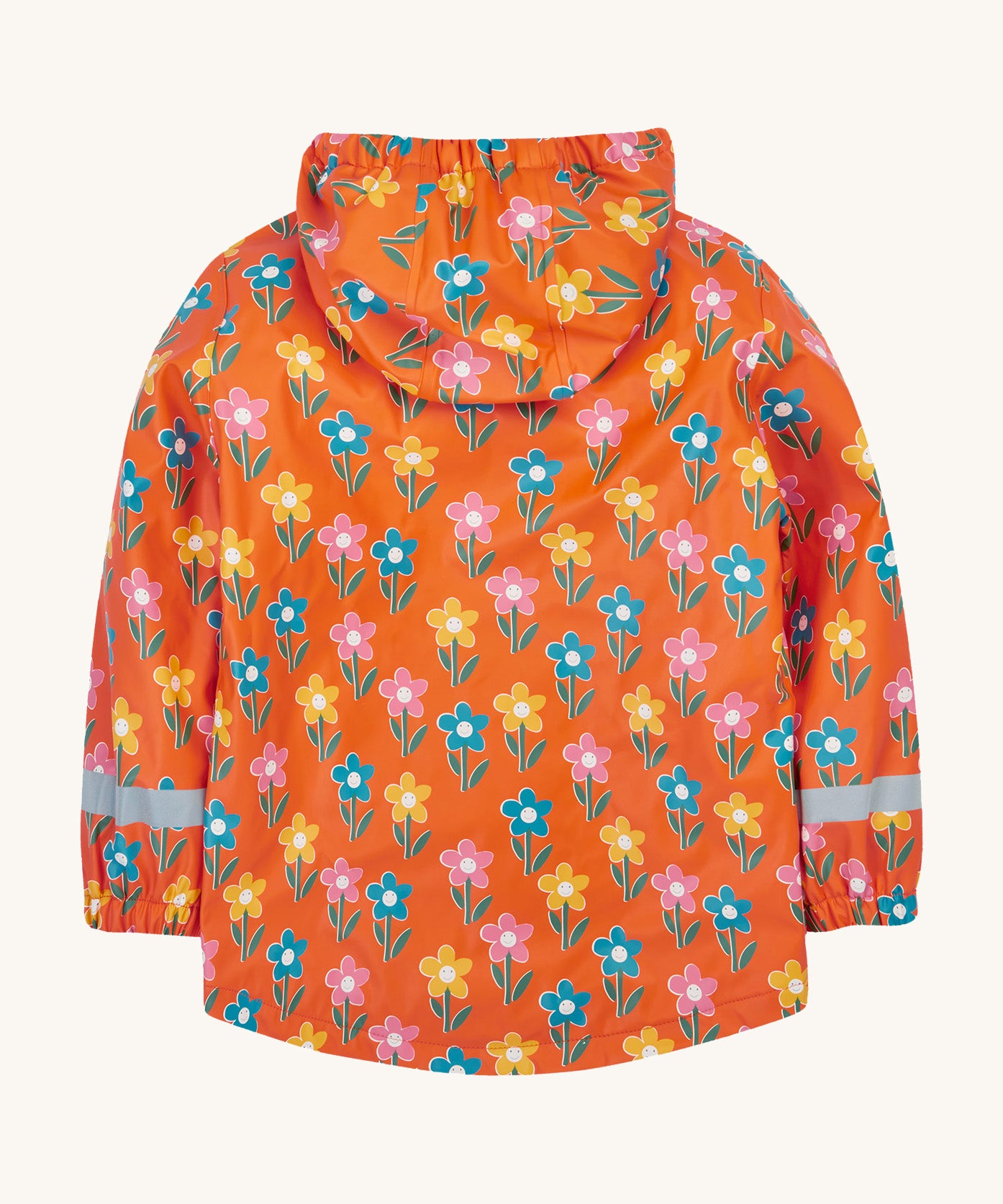 The back of the Frugi kids fun flowers puddle buster coat showing the multicoloured playful flower prints and reflective strip detail on waterproof material.
