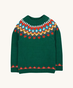 Frugi Fyfe Green Fair Isle Knitted Festive Jumper. The green kids jumper has a colourful Fair Isle pattern across the neck and chest and a border details on the bottom hem and sleeves. This Fair Isle jumper is a part of a wide range of organic cotton clothing for children available here at Babipur.