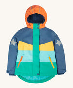 Frugi Snow & Ski Coat - Iguana Colourblock, in bold block colours and a navy fleece inner
