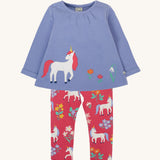 Frugi grape purple unicorn Organic Cotton Ottlie Outfit. An outfit with a purple coloured top with a unicorn applique on the front and pink unicorn print leggings. This outfit is a part of a wide range of organic cotton clothing for children available here at Babipur.