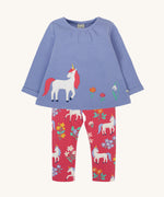 Frugi grape purple unicorn Organic Cotton Ottlie Outfit. An outfit with a purple coloured top with a unicorn applique on the front and pink unicorn print leggings. This outfit is a part of a wide range of organic cotton clothing for children available here at Babipur.