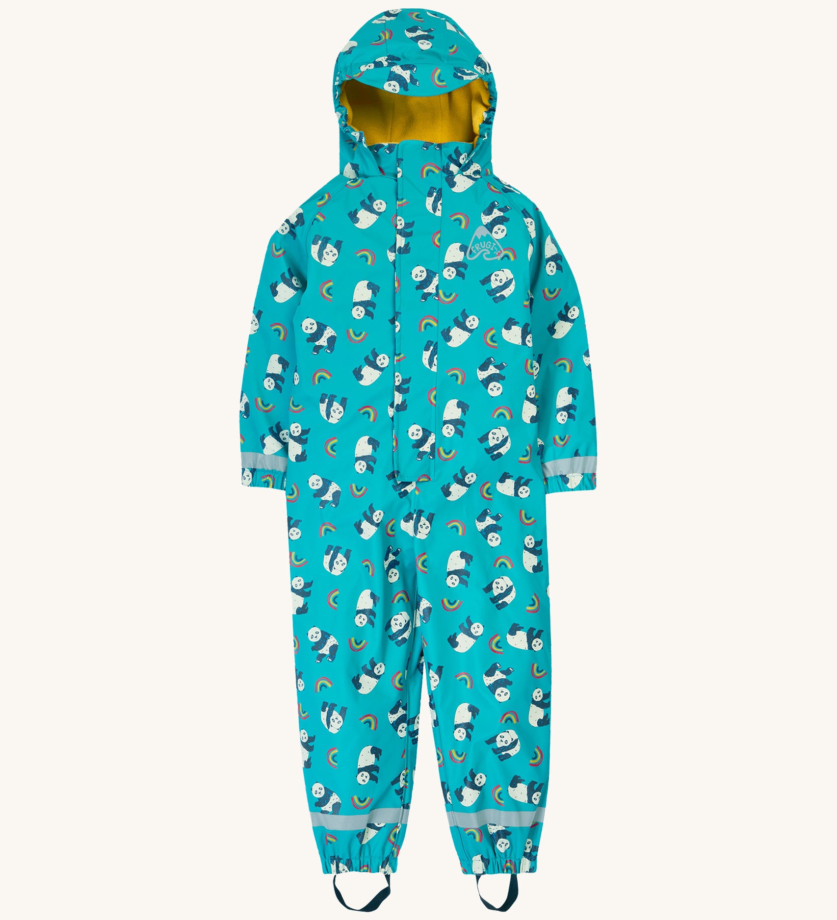 Frugi kids puddle buster panda play all in one. A light blue waterproof all in one hooded suit with a rainbow and panda print. Features reflective straps on the wrist and leg cuffs, yellow fleece inside liner for warmth and an elastic band on the leg to hook under feet.
