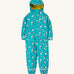 Frugi kids puddle buster panda play all in one. A light blue waterproof all in one hooded suit with a rainbow and panda print. Features reflective straps on the wrist and leg cuffs, yellow fleece inside liner for warmth and an elastic band on the leg to hook under feet.