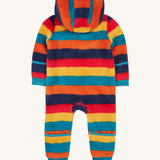 The back of the Frugi kids recycled cosy snuggle suit in autumn stripe. showing the hood and blue cuffs detail on recycled textile fabric