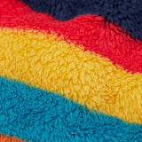 A close up o the Frugi kids recycled cosy snuggle suit in autumn stripe showing the stripe design detail on fleece style recycled fabric.