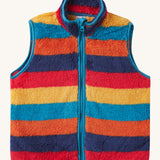 The removable Autumn stripe inspired fleece gilet from the Frugi 3 in 1 Autumn stripe/navy rambler waterproof coat. A thick warm fleece with a full length zip in light blue and matching trim