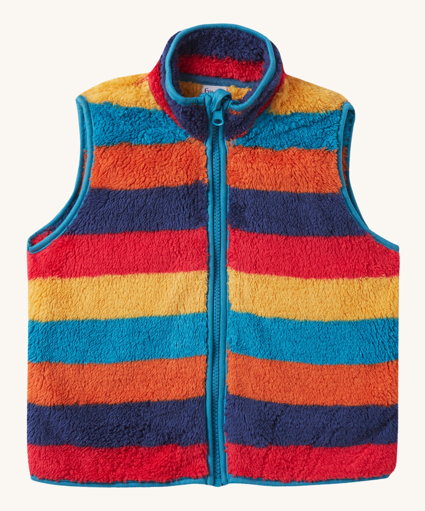 The removable Autumn stripe inspired fleece gilet from the Frugi 3 in 1 Autumn stripe/navy rambler waterproof coat. A thick warm fleece with a full length zip in light blue and matching trim