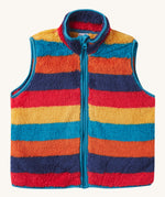 The removable Autumn stripe inspired fleece gilet from the Frugi 3 in 1 Autumn stripe/navy rambler waterproof coat. A thick warm fleece with a full length zip in light blue and matching trim