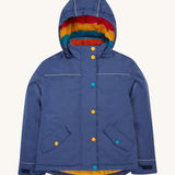 Frugi kids 3 in 1 rambler coat in autumn stripe /navy colourway. A navy waterproof coat from post consumer recycled polyester. Features a removable hood and 2 side pockets with different colour poppers