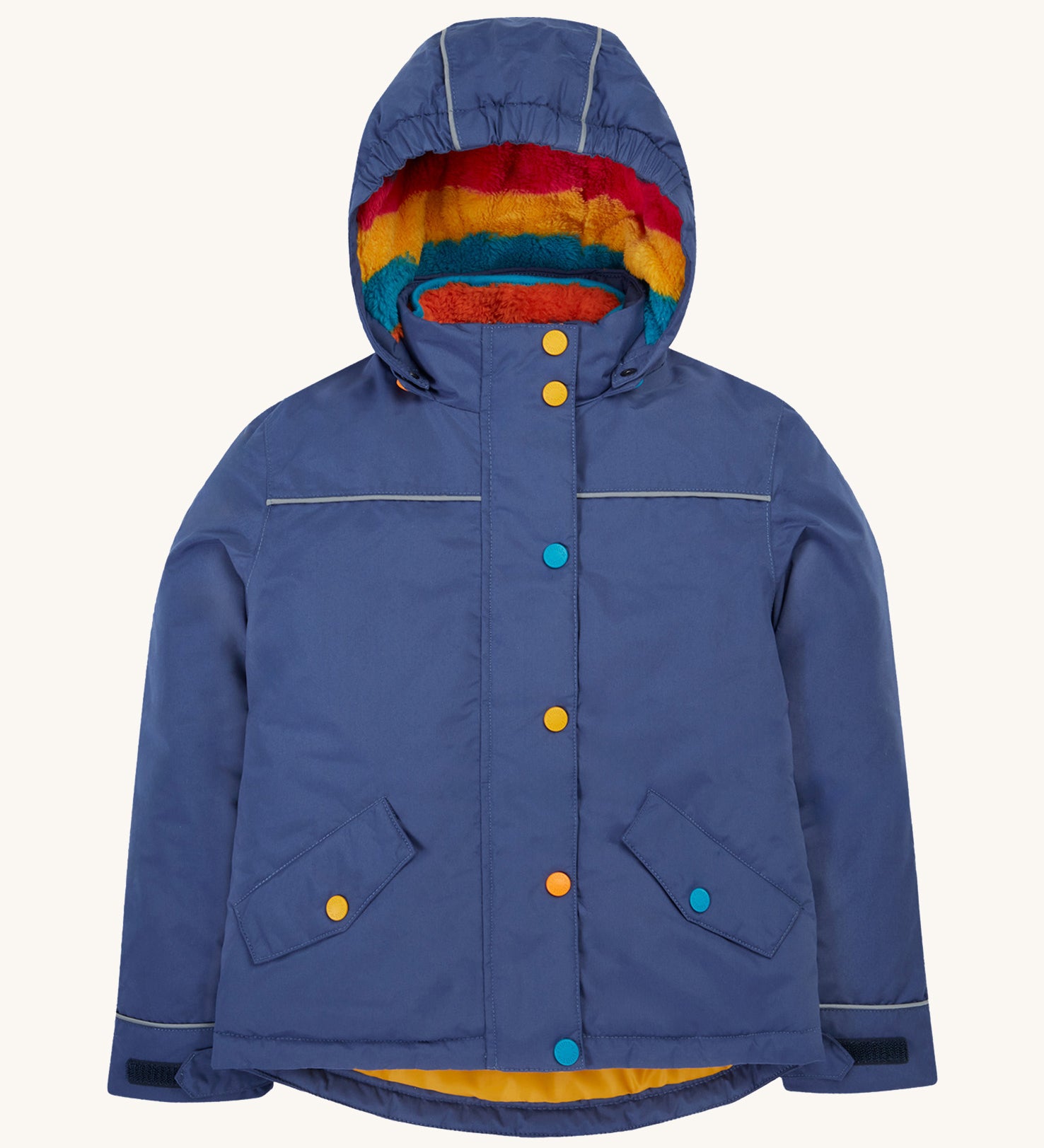 Frugi kids 3 in 1 rambler coat in autumn stripe /navy colourway. A navy waterproof coat from post consumer recycled polyester. Features a removable hood and 2 side pockets with different colour poppers