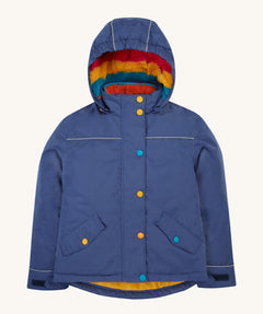 Frugi kids 3 in 1 rambler coat in autumn stripe /navy colourway. A navy waterproof coat from post consumer recycled polyester. Features a removable hood and 2 side pockets with different colour poppers
