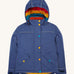 Frugi kids 3 in 1 rambler coat in autumn stripe /navy colourway. A navy waterproof coat from post consumer recycled polyester. Features a removable hood and 2 side pockets with different colour poppers