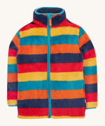 Frugi kids Autumn stripe ted fleece. A long sleeve thick fleece with Autumn inspired coloured stripes with a full length zip and turn up collar