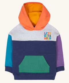 Frugi kids ben colour block hopscotch/fun hoodie available at Babipur. A 100% GOTS organic cotton jersey style hoodie in orange, grey, navy, blue, purple and green block colours. Features a pouch pocket and a lets get wild slogan near shoulder.