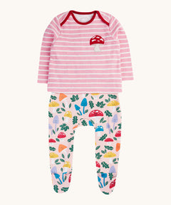 frugi kids brooke easy dressing baby grow in fun-guys/pink stripe available at Babiour. A 100% GOTS organic cotton baby grow in pink with woodland inspired prints