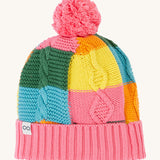 Frugi kids cable knit rainbow check bobble hat. A thick knitted style beanie in pastel coloured check. Features a pink pom pom and turn up cuff