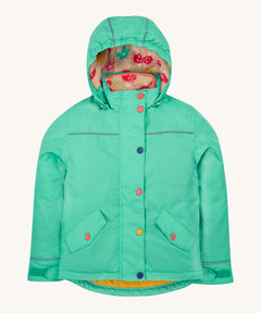 Frugi kids 3 in 1 rambler coat in dragon/mushroom colourway. A bright turquoise waterproof coat from post consumer recycled polyester. Features a removable hood and 2 side pockets with different colour poppers