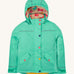Frugi kids 3 in 1 rambler coat in dragon/mushroom colourway. A bright turquoise waterproof coat from post consumer recycled polyester. Features a removable hood and 2 side pockets with different colour poppers