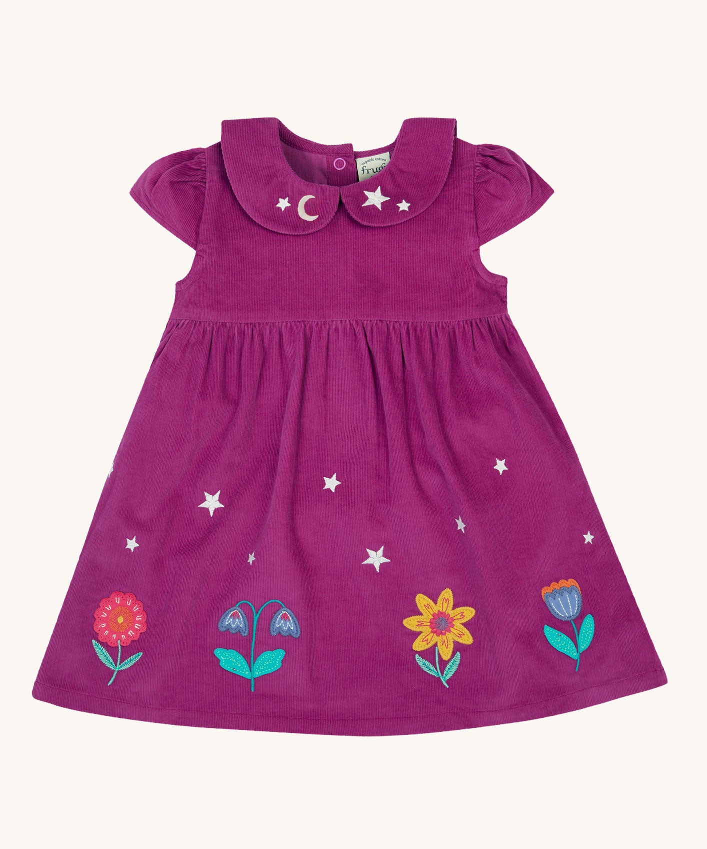 Frugi Damson purple Flowers Organic Cotton Vali Corduroy children's Dress. This cord kids dress is a part of a wide range of organic cotton clothing for children available here at Babipur.