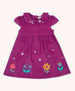 Frugi Damson purple Flowers Organic Cotton Vali Corduroy children's Dress. This cord kids dress is a part of a wide range of organic cotton clothing for children available here at Babipur.