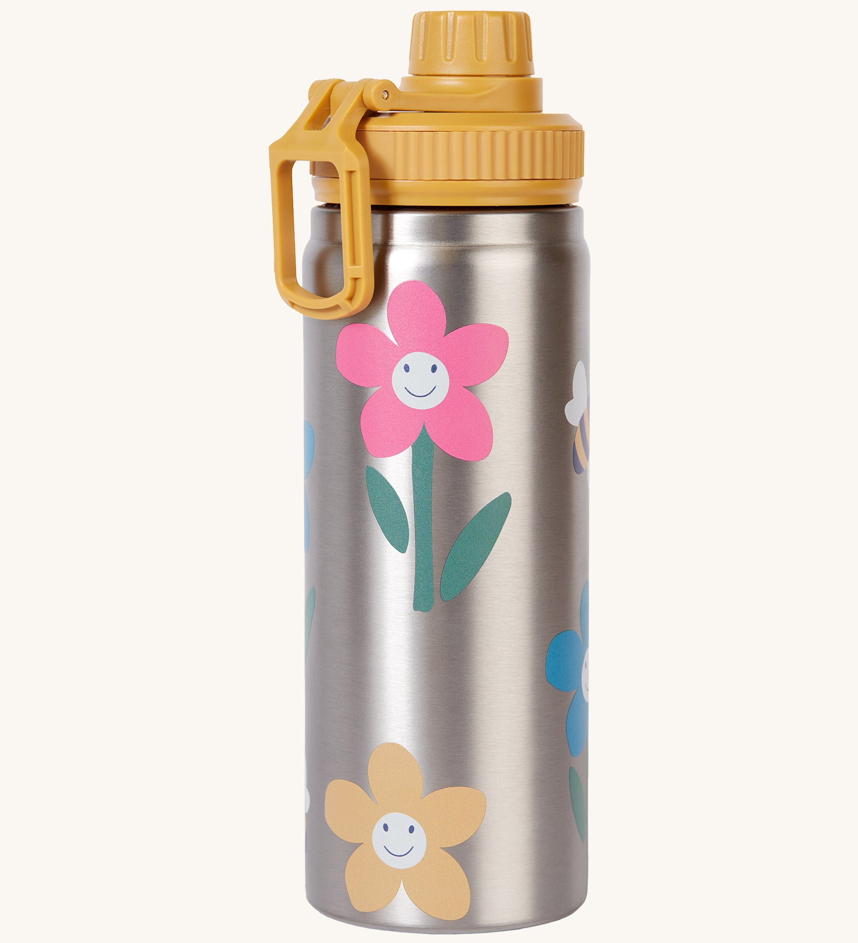 Frugi kids Insulated bottle in fun flowers. A stainless steel bottle with playful flower prints. Features a yellow cap with a loop.