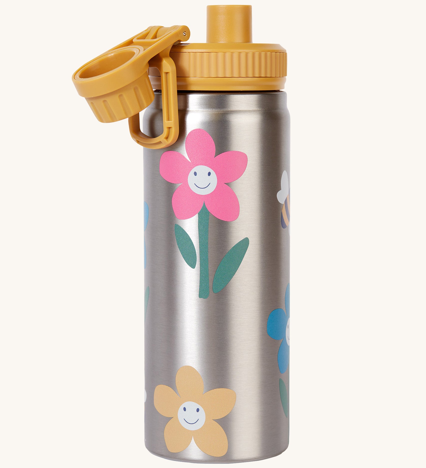 Frugi kids Insulated bottle in fun flowers with the yellow cap opened. A stainless steel bottle with playful flower prints.