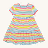Frugi kids Lucy dress cornflower rainbow stripe - GOTS organic cotton kids dress with short sleeve and a pastel stripe design with a gentle frill hem
