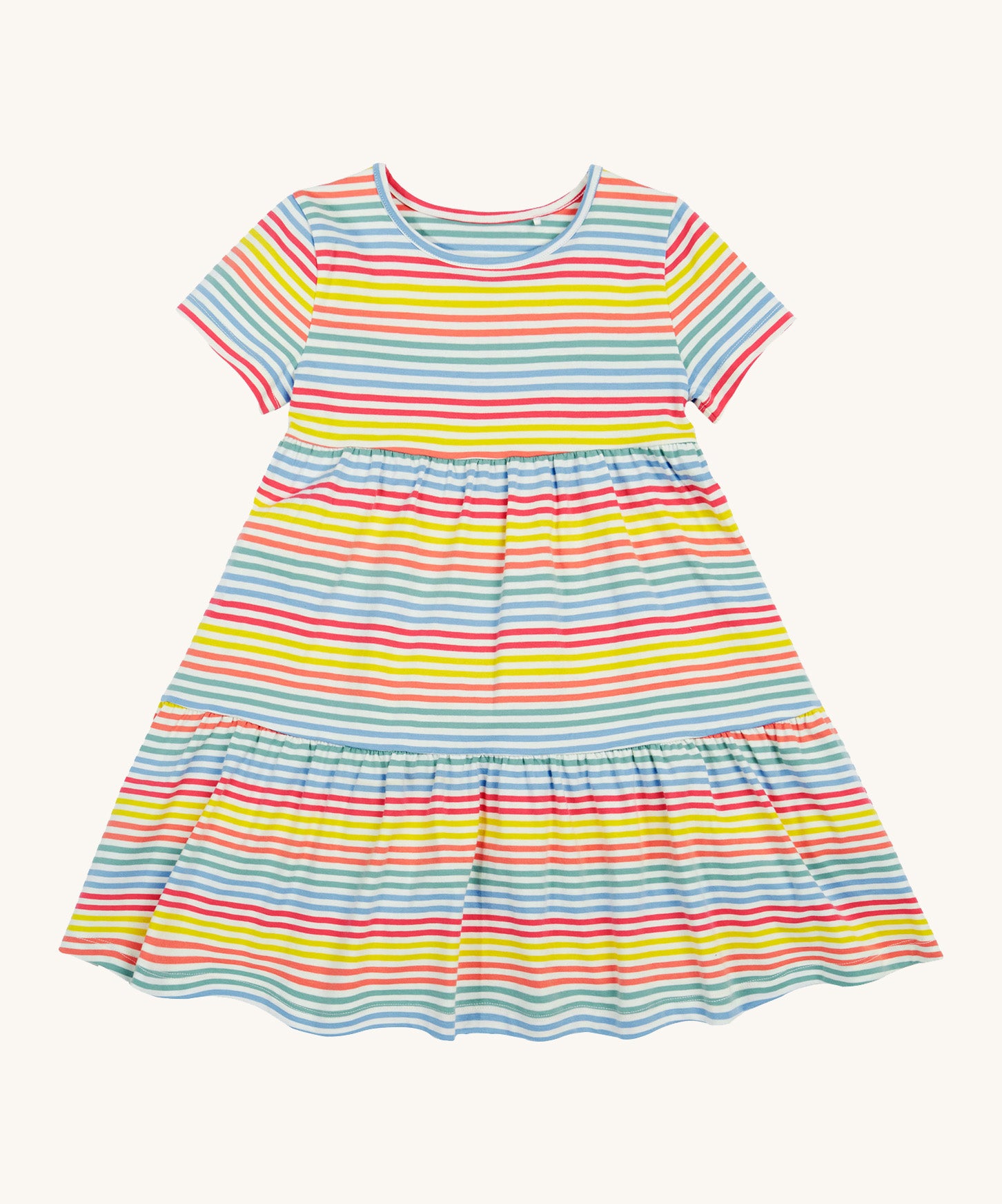 Frugi kids Lucy dress cornflower rainbow stripe - GOTS organic cotton kids dress with short sleeve and a pastel stripe design with a gentle frill hem