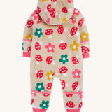 The back of the Frugi kids recycled cosy snuggle suit in mushroom fields. showing the hood and pink cuffs detail on recycled textile fabric