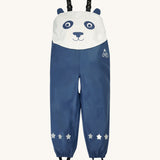 Frugi kids puddle buster trousers in navy with a panda character design on the top. Waterproof trousers with straps to go over the shoulder and a elastic band on the cuff for a secure fit. Features reflective stars on the bottom of each leg.